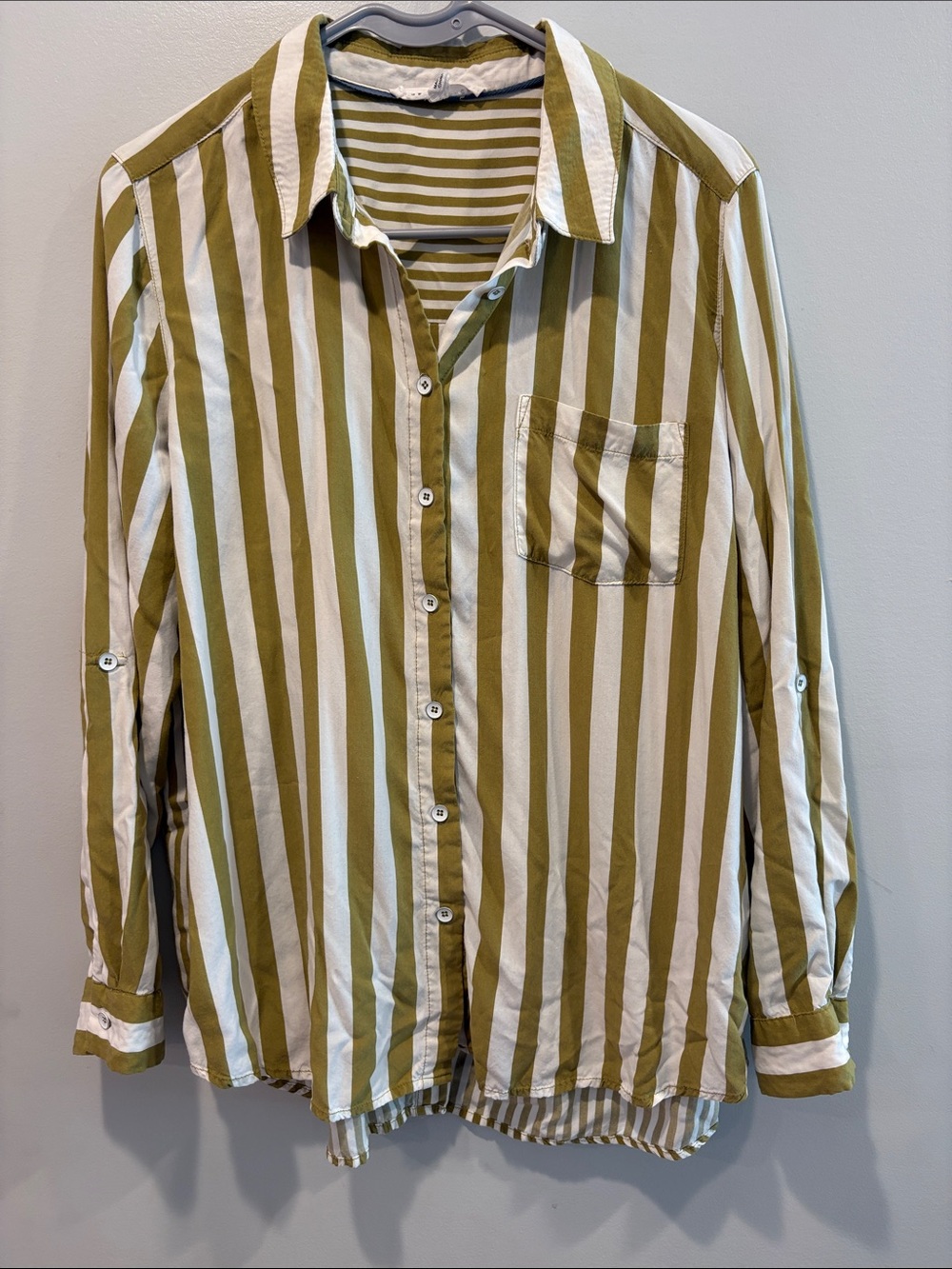 Jane and Delancey Olive and White Vertical Stripe Button-Down ptp 23 length 28